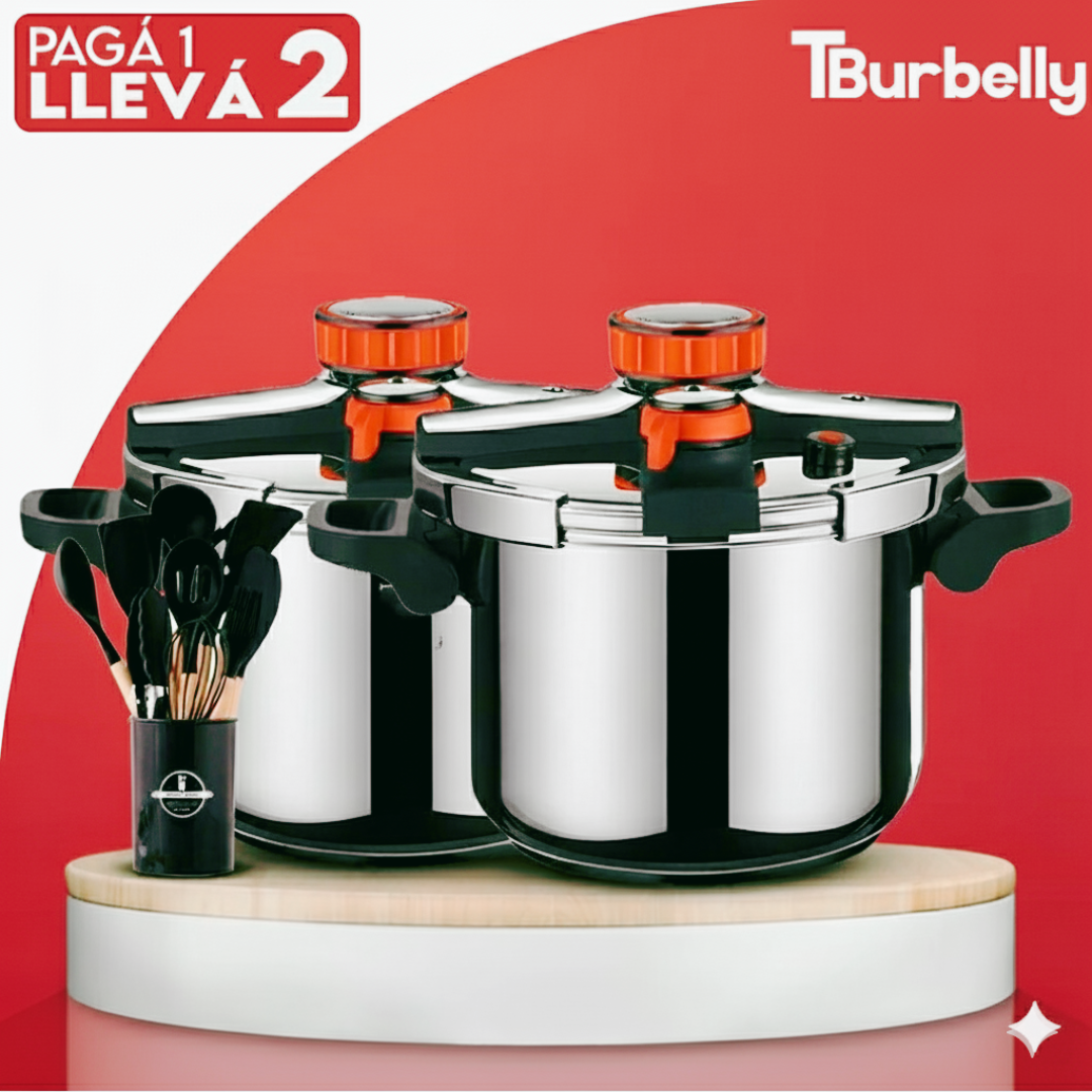 Llévate 2 y Pagá 1 - Olla a Presión MasterTurbo de Acero Inoxidable | A Prueba de Explosiones + REGALO: Kit de Utensilios
